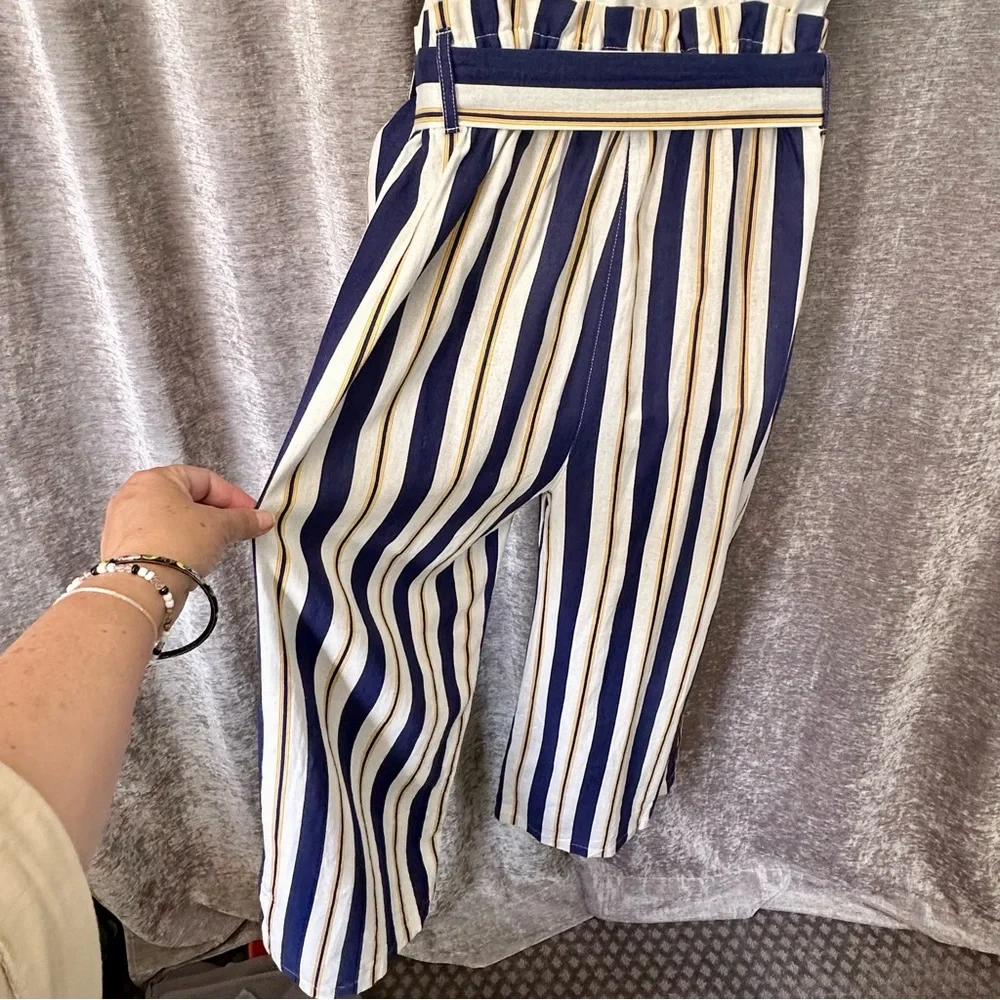 E & M White Blue and Mustard Striped Belted Overall Jumpsuit Women's Size L - Picture 13 of 14